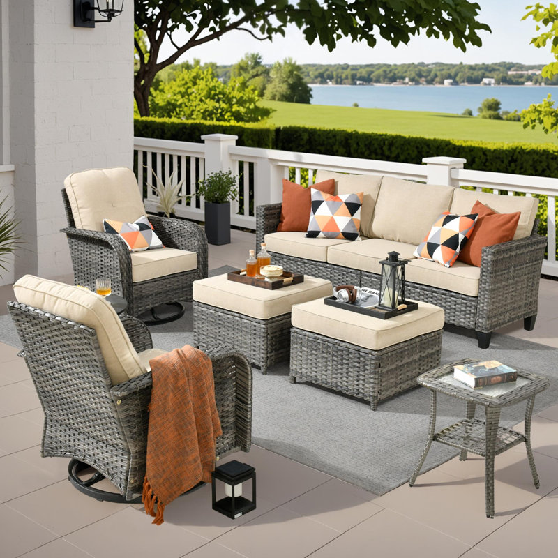 7 - Person Patio Furniture Set with Swivel Rocking Chairs, Outdoor Wicker Rattan Sofa Seating Group with Cushions, All Weather Conversation Set with Ottomans for Garden Backyard
