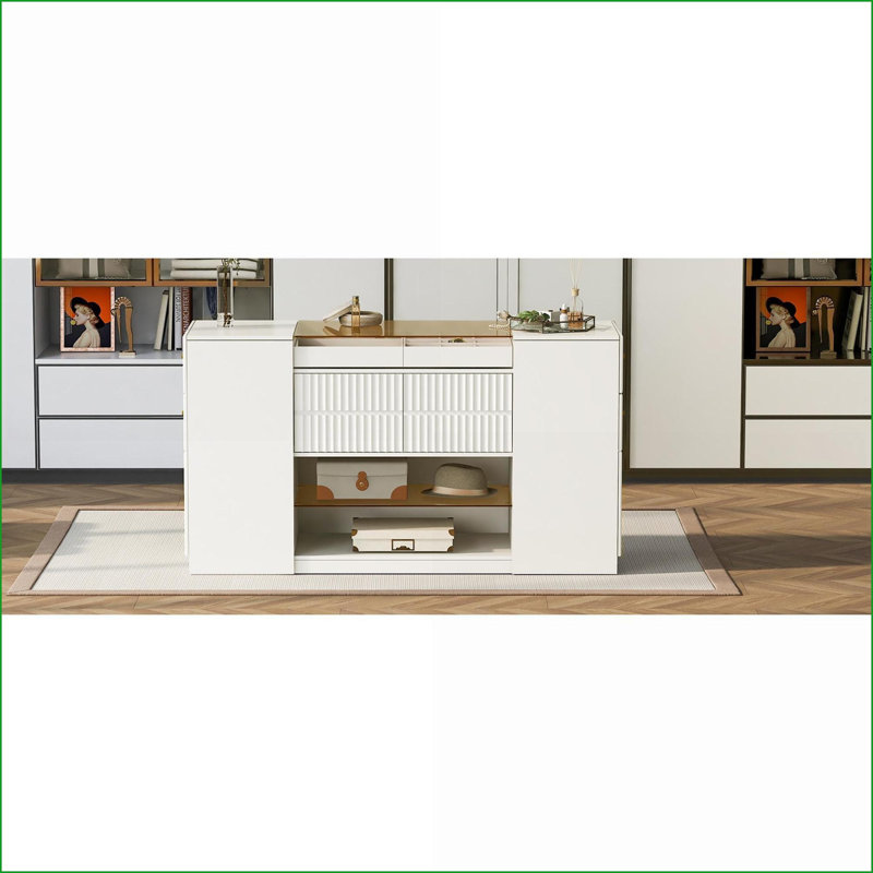 Dressers Modern Storage Vanity Cabinet with 6 Drawers, Glass Tabletop, Jewelry Tray | Cream White | MDF+Glass