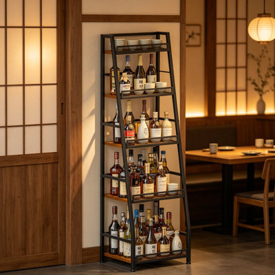 5-Tier Trapezoid Wine Rack, Large Capacity Freestanding Liquor Cabinet For Home Bar, Stepped Corner Display Shelf With Fences For Whiskey And Wine Bot by Prep & Savour