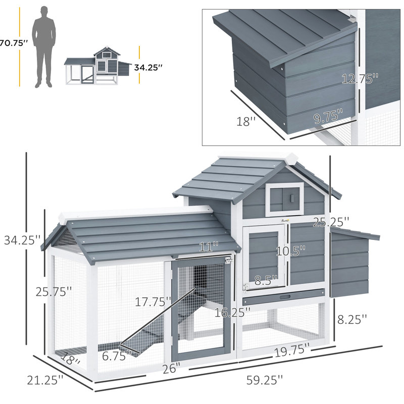 Poulailler 59 po en bois blanc avec 2 portes, un nichoir et un petit plateau extérieur étincelant