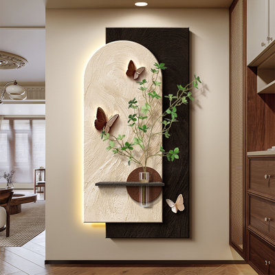 Mid-Century Butterfly Sandstone Led Wall Art With Plant Shelf - Entryway Decor