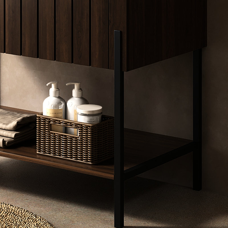 36'' Freestanding Bathroom Storage Cabinet, Dark Walnut Hue, Black Sintered Stone Top Plate, One Drawer With Finger Joint, High - Performance Particle Board, Stainless Steel Legs For Space, Drainage