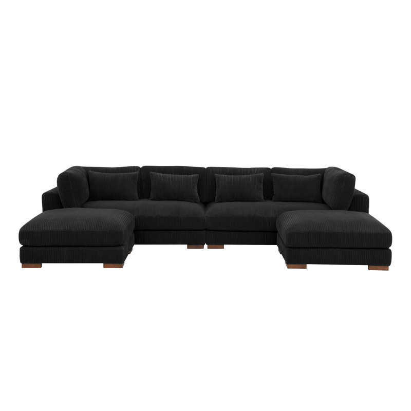 Canapé modulaire de coin avec repose-pieds Croy, Velours côtelé noir