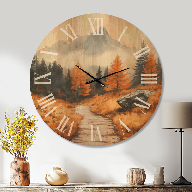 Très grande horloge murale en bois naturel - Randonnée d'automne dans un sentier de montagne, Oversized