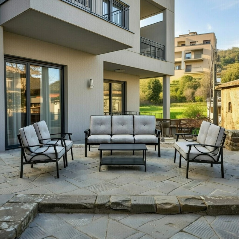 Ensemble de salle à manger 5 pièces pour l'extérieur, ensemble de mobilier de patio, canapé de conversation toutes saisons avec coussins, table basse pour jardin de porche
