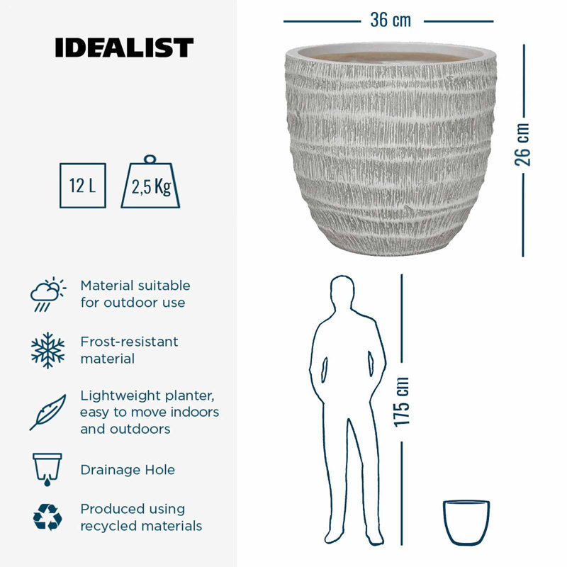 White Washed Reinforced Stone Egg Garden Round Planter, Outdoor Plant Pot, 26cm H x 28.5cm W x 28.5cm D