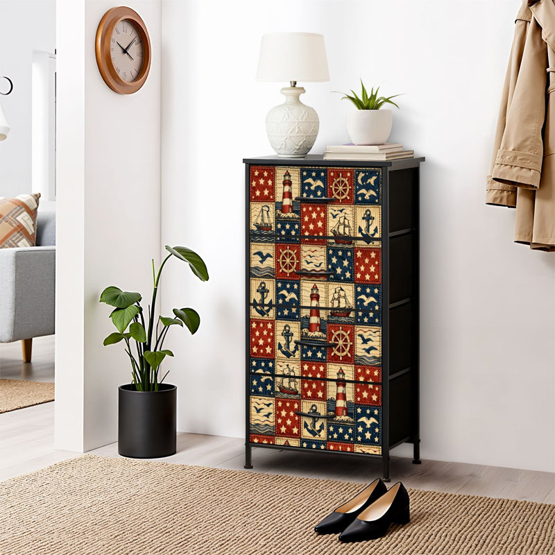 Commode 4 tiroirs pour chambre à coucher, commode étroite, plateau en bois et structure en fer 18 po x 37,5 po - (l x H) - Avec impression de phares nautiques et de voiliers
