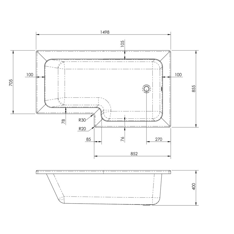 1500mm x 850mm Soaking Acrylic Bathtub, Right Hand