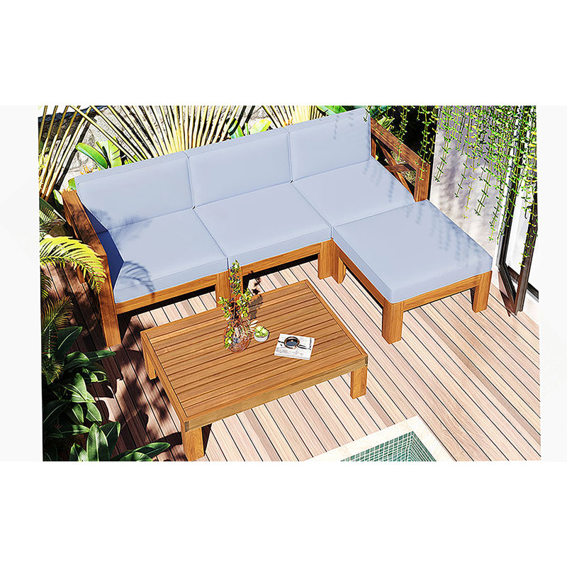 Ensemble de conversation modulaire d'extérieur en bois pour patio 5 pièces avec coussins, finition naturelle et coussins gris