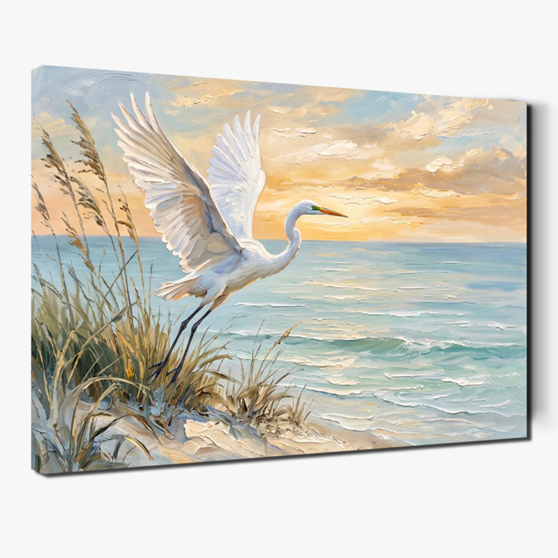 Tableau sur toile représentant une aigrette volante sur la plage au coucher du soleil, peinture à l'huile sur l'herbe marine, décoration murale