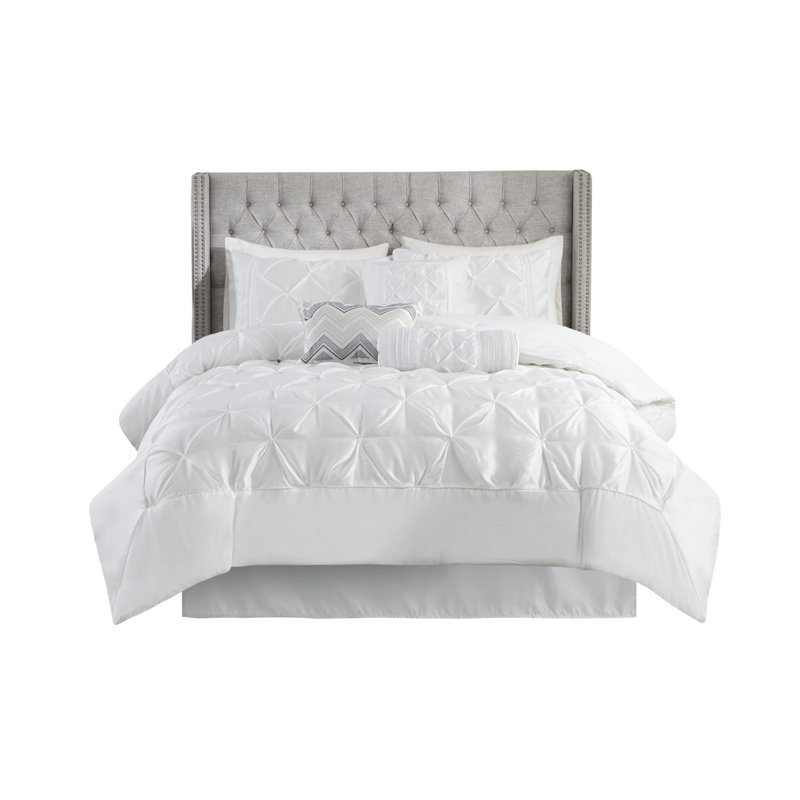 Ensemble d'édredon touffeté 7 pièces, collection de literie grand format blanc avec coussins décoratifs et jupe de lit - Rembourrage en polyester hypoallergénique