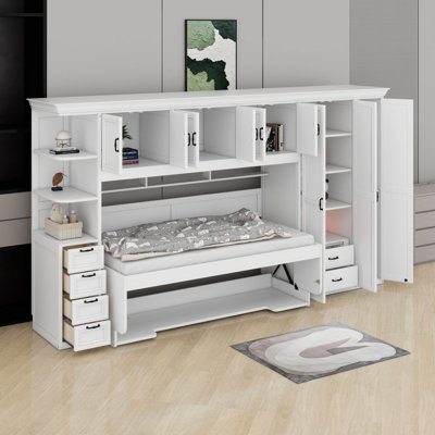 Lit escamotable simple avec garde-robe, armoire et bureau