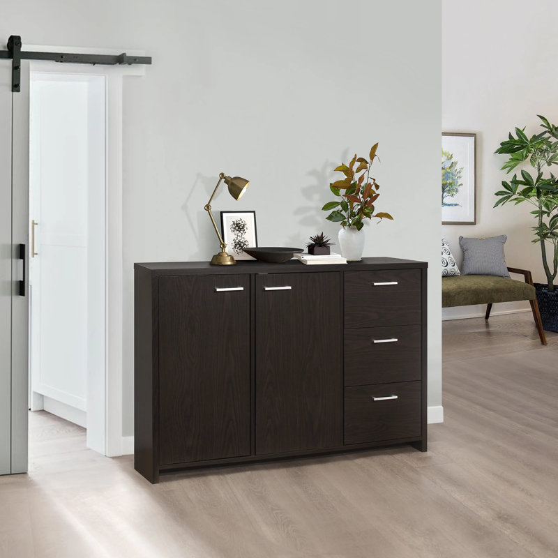 Sideboard Buffet Cabinet – Modern Credenza Storage Console with 2 Doors, 3 Drawers & Adjustable Shelves, Oak Chocolate Dining Room & Kitchen Accent Cabinet