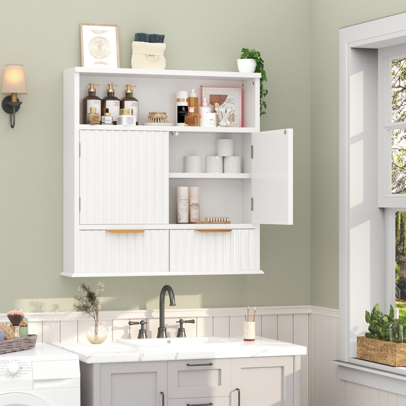 Fluted Bathroom Wall Cabinet With Drawers, Wooden Medicine Cabinet Organizer Over The Toilet, Wall Mounted Bathroom Storage Cabinet With Open Shelf For Bathroom, Kitchen, And Laundry Room (white)