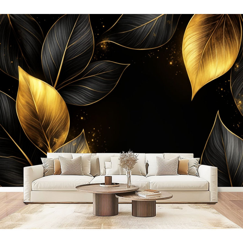 Papier peint adhésif auto-adhésif moderne pour la chambre à coucher, feuilles noires dorées P 96 "x P 69", L 96 po x l 69 po