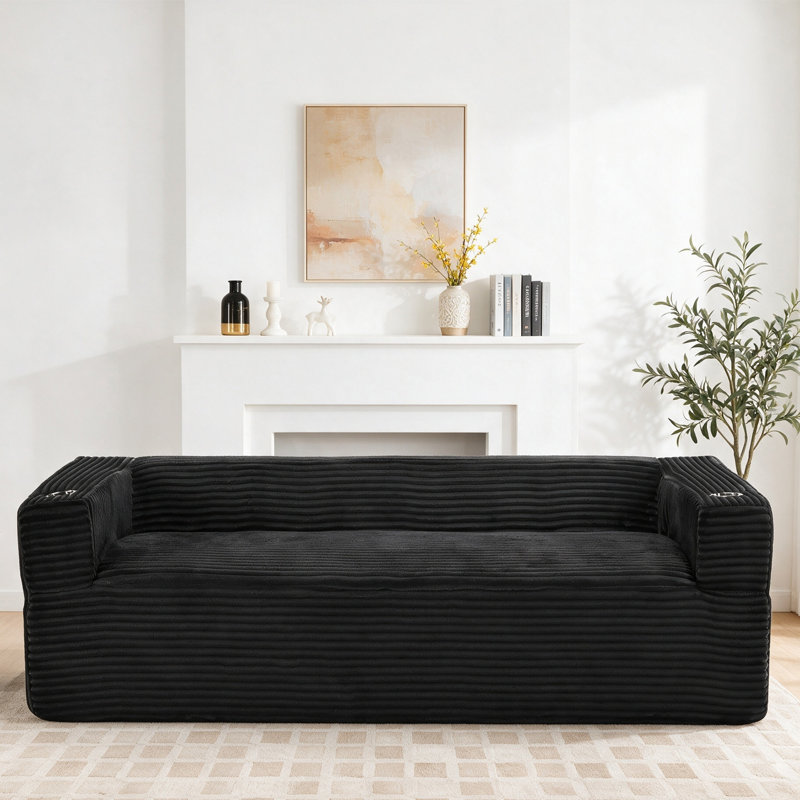 Canapé à compression en velours côtelé de 92 po avec porte-gobelets et rangement Boneless, Noir