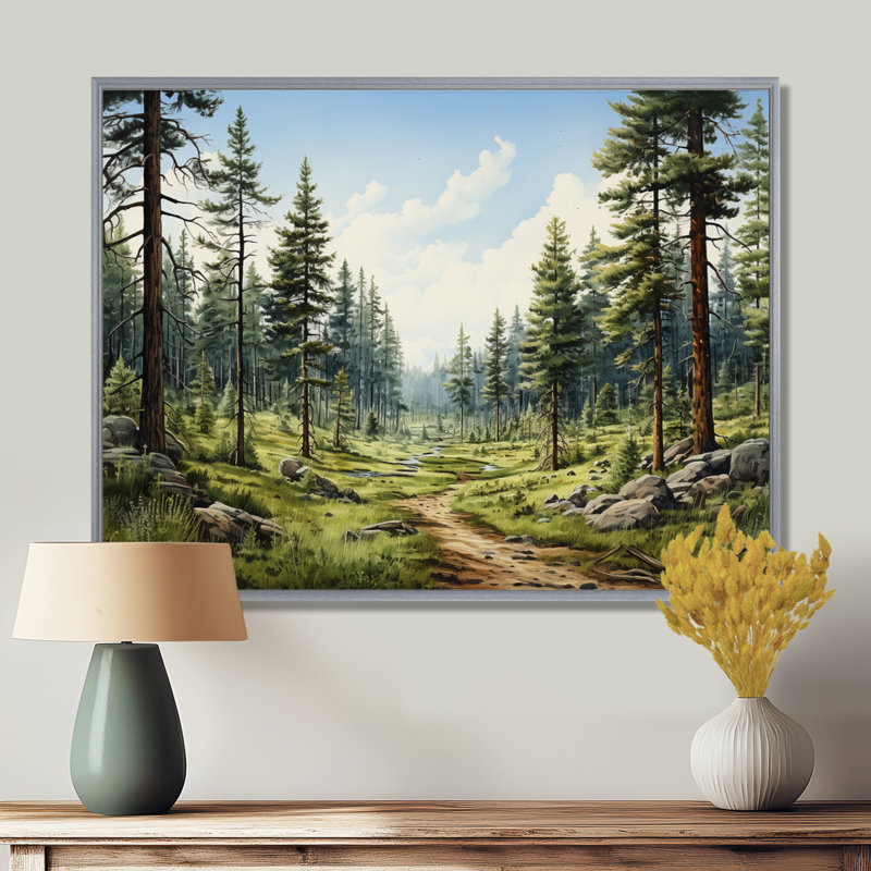 Pin, murmure de pin II - art mural pin pour salon, H 12 po x l 20 po, Silver Floater Framed