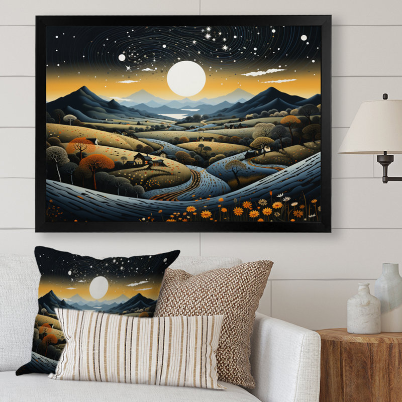 Bleu et or, paysage africain moderne V - art mural moderne sur toile, H 24 po x l 32 po x P 1 po, Cadre photo noir