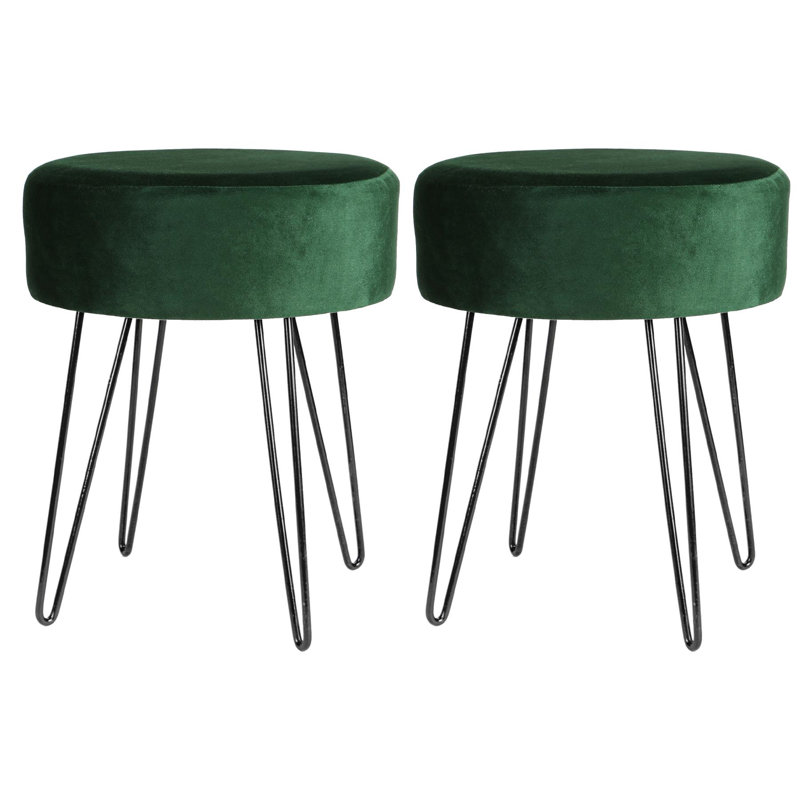 Harbour Housewares Round Velvet Footstools - Pack of 2, Black, Green