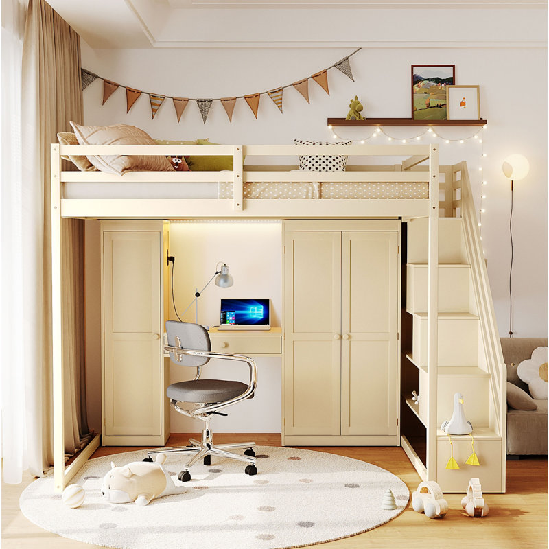 Full Size Loft Bed with Storage Staircase,Built-In Dressing Table with Mirror and Drawer, Wardrobe & Cabinets, USB Charging Ports and Lights, Beige