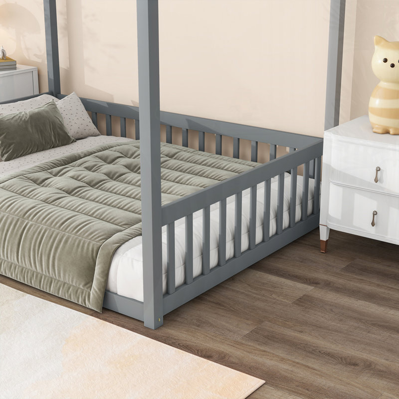 Lit en bois d'hévéa avec clôture Canopy, gris