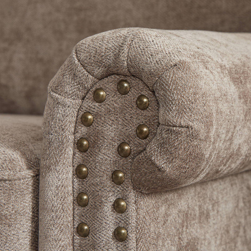  81.5" Nailhead Sofa, Classic Couch with Rolled Arms & Wooden Legs, 3-Seater Chenille Sofa for Living Room, Brown
