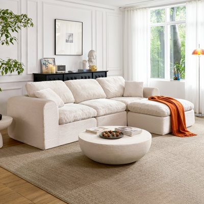 108" Boneless Sectional Couch for Living Room, Compression Cloud Sofa with L-Shape Ottoman, Deep Seat Corduroy Modular Sectional Couch, No Assembly Required (Beige, 3 Seater + Ottoman)