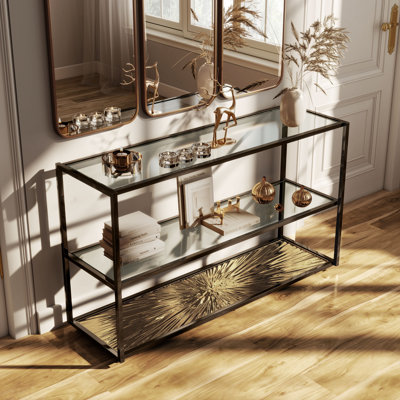 Console moderne en métal avec base Sunburst et tablette en verre Aureum
