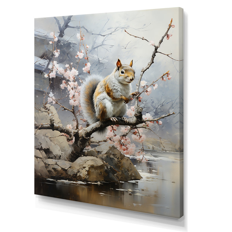 Écureuil sur fleur de cerisier rose 1 - Écureuil, art mural animal, Toile tendue, 32" H x 16" W