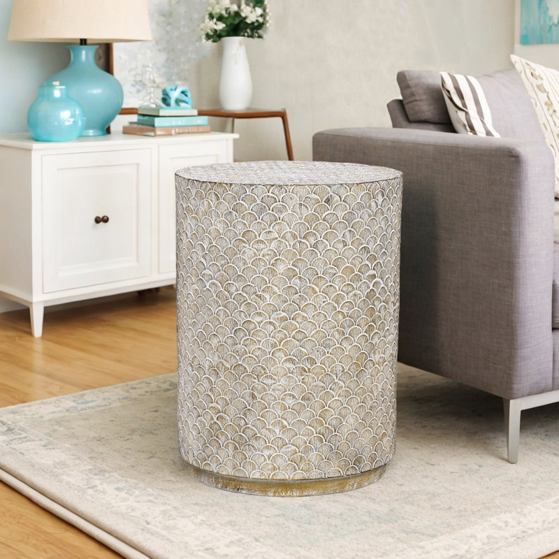 Table de bout cylindrique Cicenia, Plateau beige / base beige, H 19,1 po x l 14,2 po x P 14,2 po