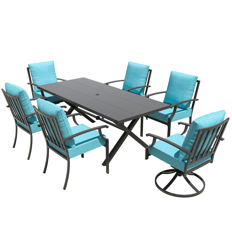 7-Piece Outdoor Metal Dining Set With X-Leg Table, 4 Stackable Chairs & 2 Swivel Rockers, Teal