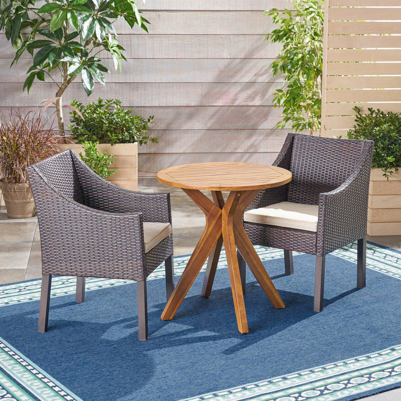2 - Person Acacia Wicker Patio Dining Set with Round Table , Cushions Included, Teak/Brown Frame / Beige Cushion