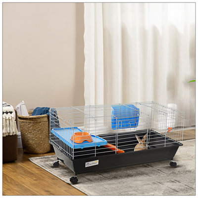 35"L Small Animal Cage, Rolling Bunny Cage, Guinea Pig Cage With Food Dish, Water Bottle, Hay Feeder, Platform, Ramp For Ferret Chinchilla, Black