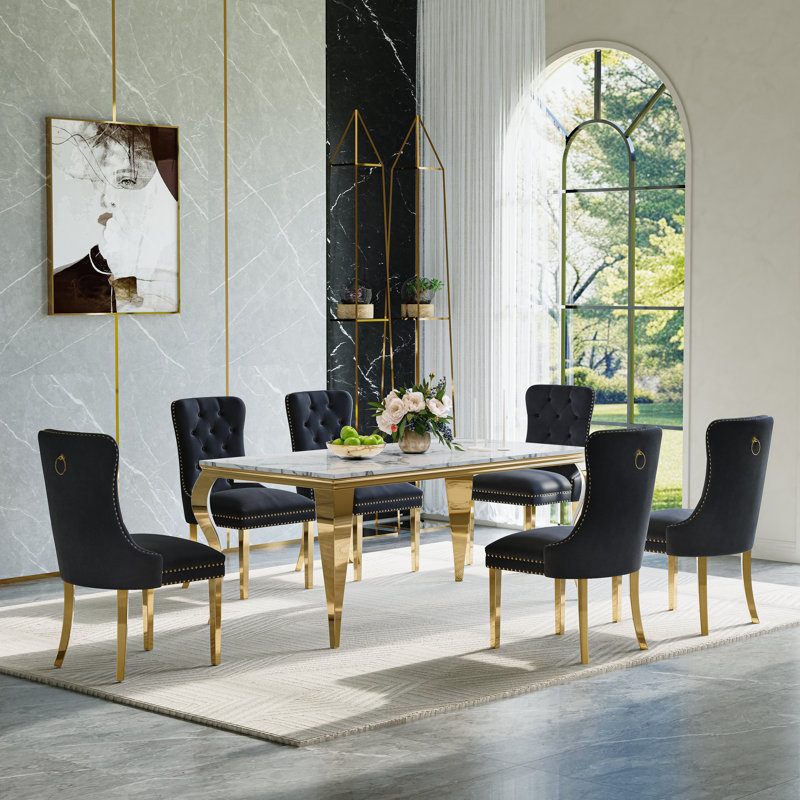 7-Piece Dining Table Set, Marble Veneer MDF Dining Table, With 6 Velvet Dining Chairs, Black/Gold, Gold