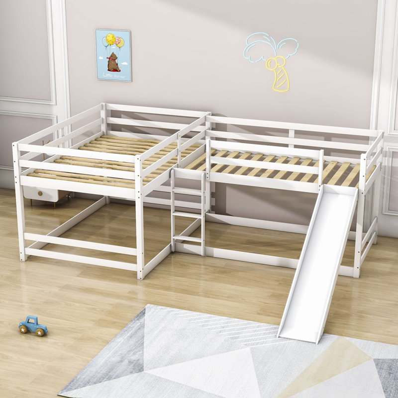 Faso L-Shaped Quad Wood Bunk Bed, Full over Full and Twin over Twin Bunk Beds with Slide, White