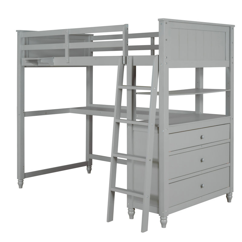 Lit mezzanine simple avec tiroirs et bureau, lit mezzanine en bois avec tablettes, Gris