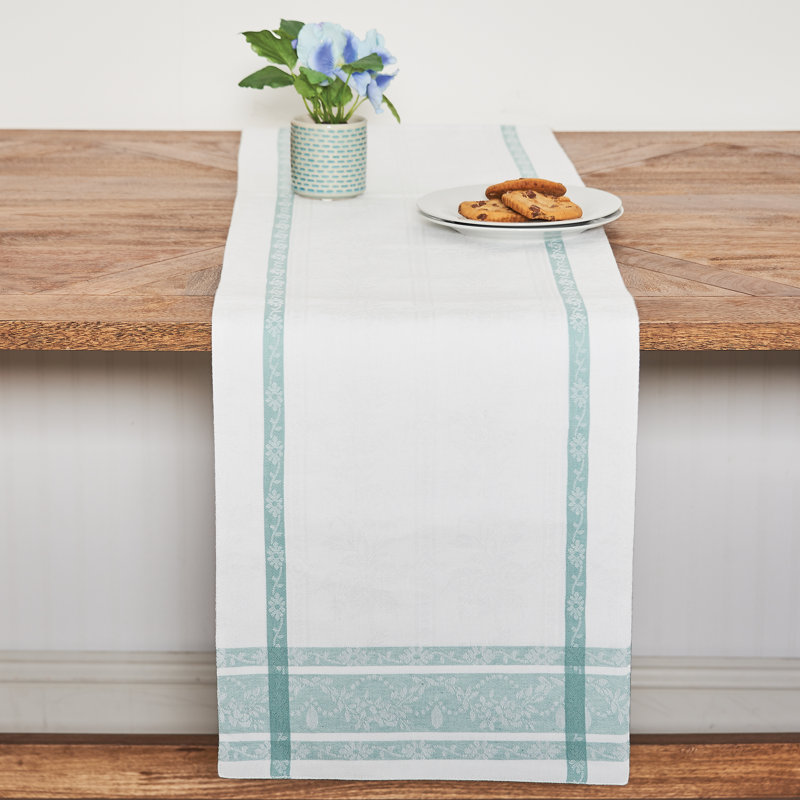 Rodrigez Rose Trellis Jacquard Cotton Table Runner, Sea Glass