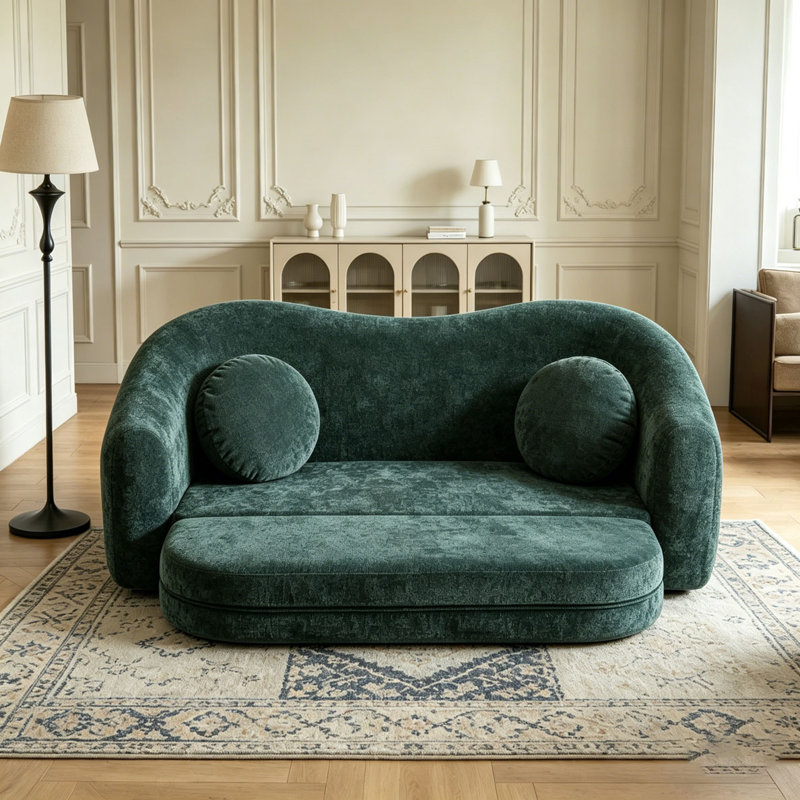 Canapé inclinable à compression courbée convertible, canapé-lit 2 en 1 escamotable, avec base escamotable et siège profond, comprend deux coussins, fauteuil inclinable en chenille deux places
