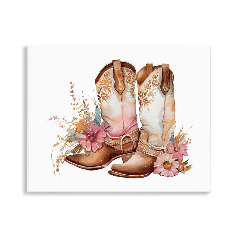 Art mural en forme de bottes de cowboy en fleurs par Birch & Ink