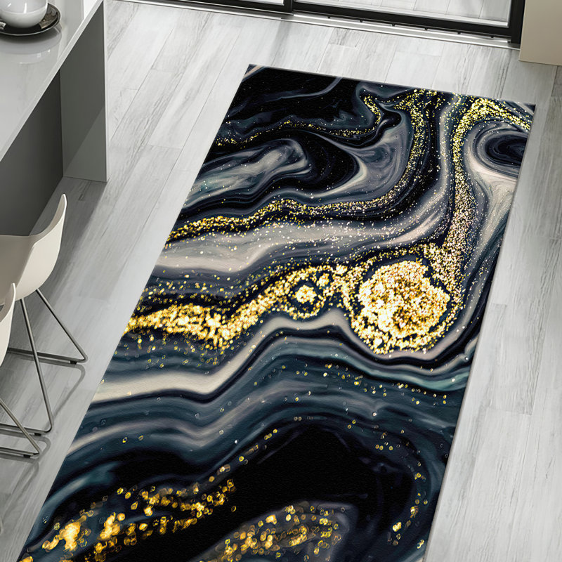 Non-Woven Soft Printed Rug with Intricate Floral and Geometric Design in Rich Tones of Blue and Red for a Striking Addition to Any Living Area