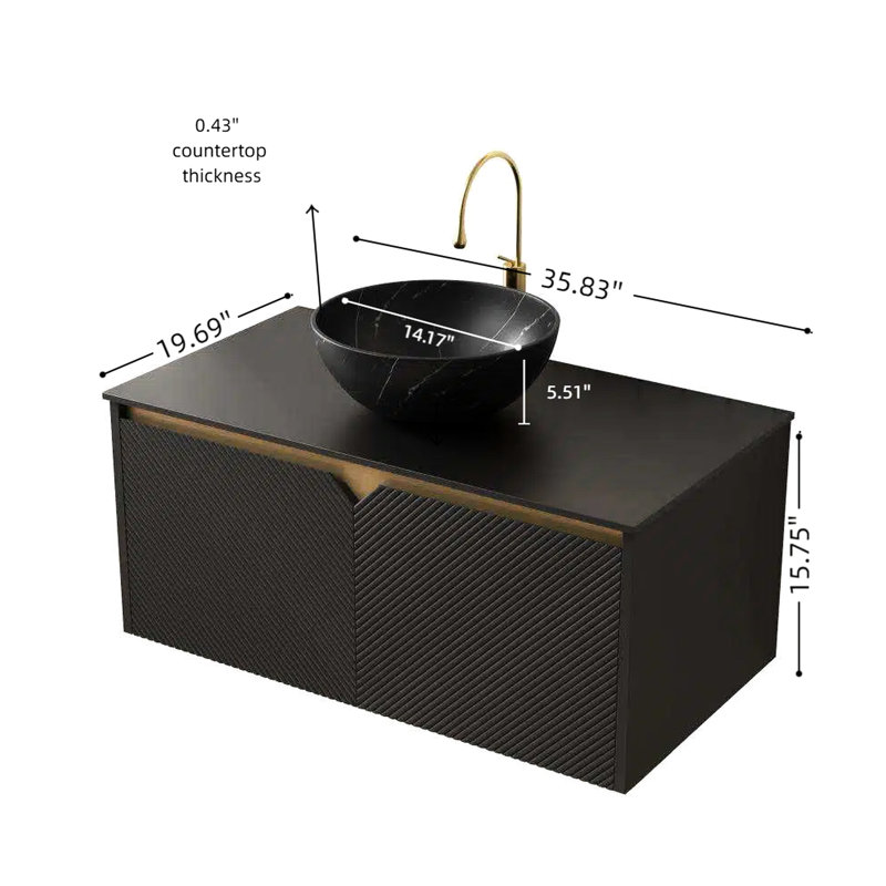 Meuble-lavabo 36 po, armoire en contreplaqué flottant avec portes doubles en sergé avec garniture en métal, cuve en céramique noire avec motif en pierre, plateau en fritté, meuble-lavabo avec système de fermeture en douceur et armoire de rangement, registre