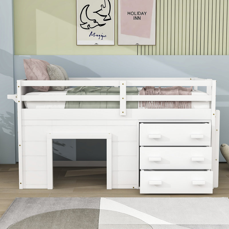 Lit mezzanine simple avec 3 tiroirs Fenelus Kids, Blanc