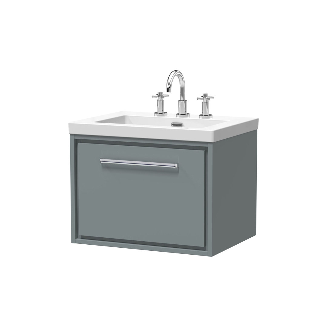 Hudson Reed Lille 600mm Fern Green 1 Drawer Wall Hung Vanity Unit With 3 Tap Holes Fireclay Basin
