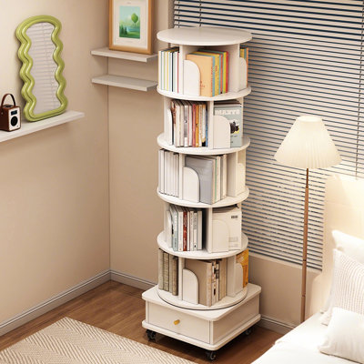 Warm White 6 Tier 360 Spinning Bookshelf With Wheels, Drawer, And Baffle, Space, For Living Room, Bedroom, Study - Multifunctional Storage Design Rotating Home, Office, Bedroom