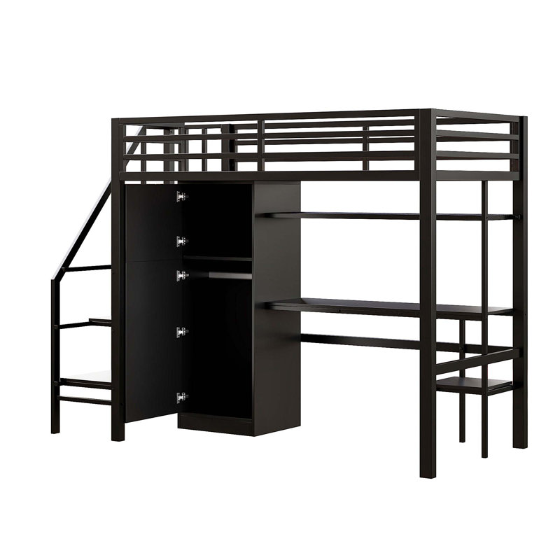 Lit mezzanine simple en métal avec bureau, tablette, armoire et escalier de rangement, Noir