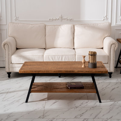 Solid Wood Parquet Coffee Table (48" L X 24" W X 18.7" H) With 2-tier Shelf, Rustic Industrial Style