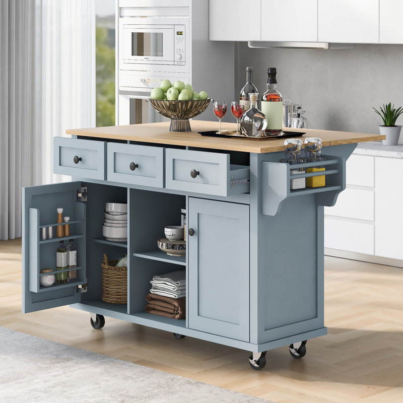 Chariot de cuisine gris-bleu avec pattes en bois massif, 3 tiroirs, 5 roulettes, idéal pour le salon.