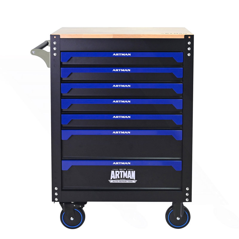 7-Drawer Wood-Top Rolling Steel Tool Cart With Handle