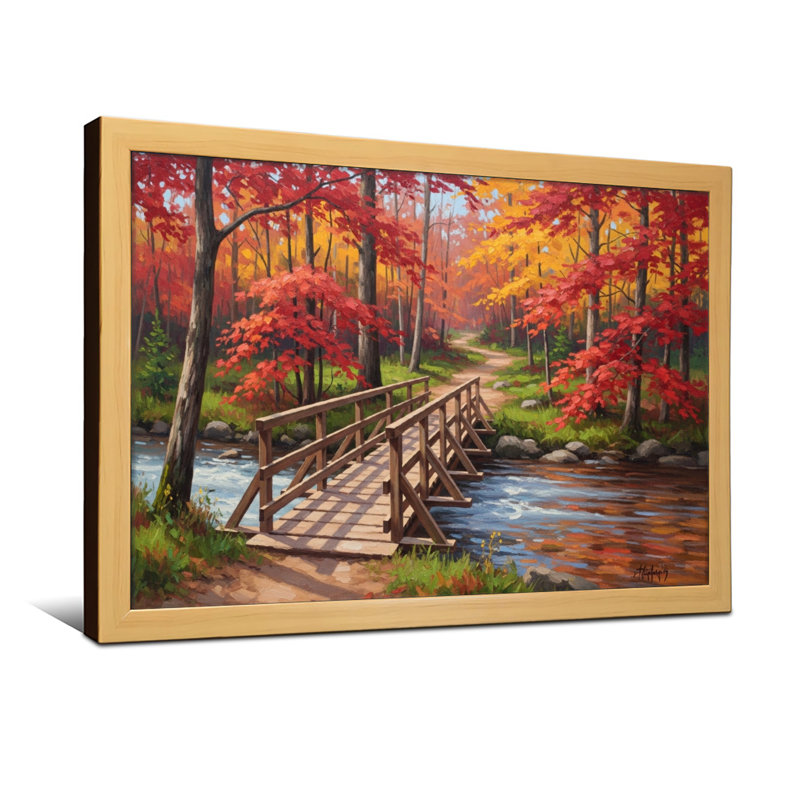 Plantes et fleurs, automne, forêt, pont, rivière, arbres, couleurs, chemin, nature, H 24 po x l 36 po, Toile tendue