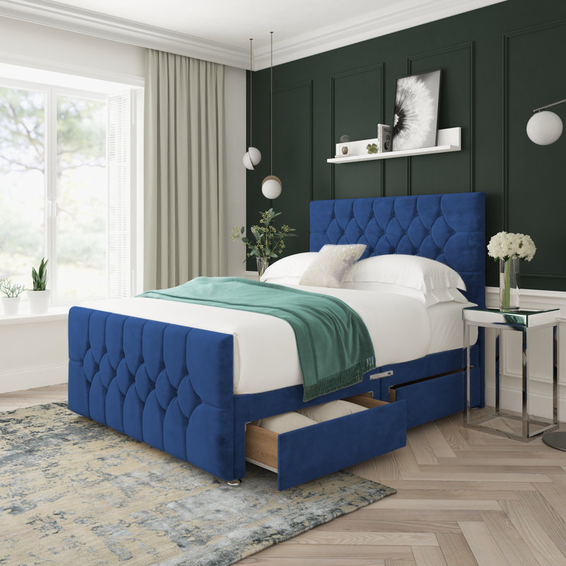 Upholstered Bed, Blue, Left Side Drawers, Small Single (2'6)